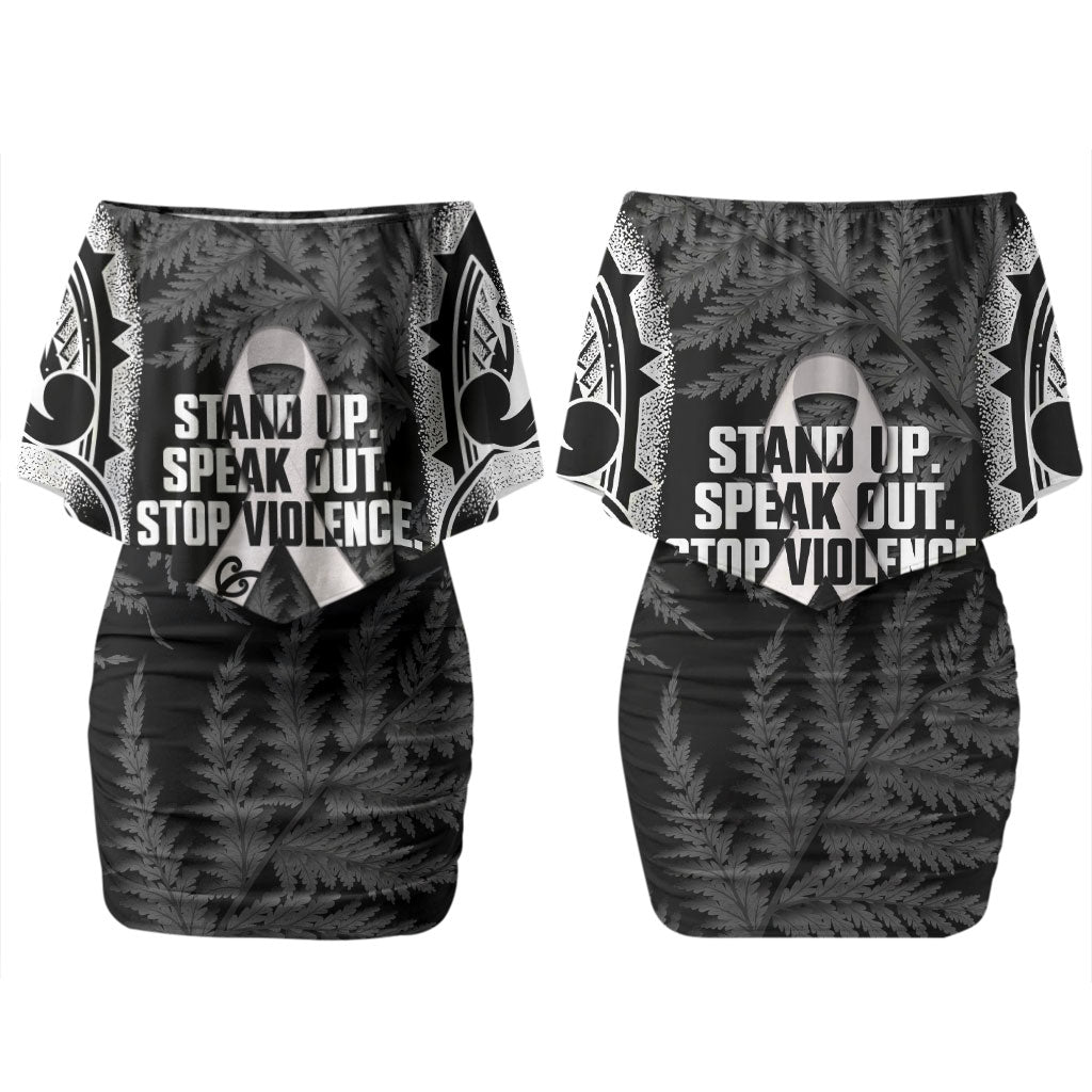 White Ribbon Day New Zealand Couples Matching Off Shoulder Short Dress and Long Sleeve Button Shirt Respect Women Maori Pattern Black