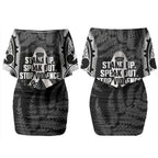 White Ribbon Day New Zealand Couples Matching Off Shoulder Short Dress and Long Sleeve Button Shirt Respect Women Maori Pattern Black