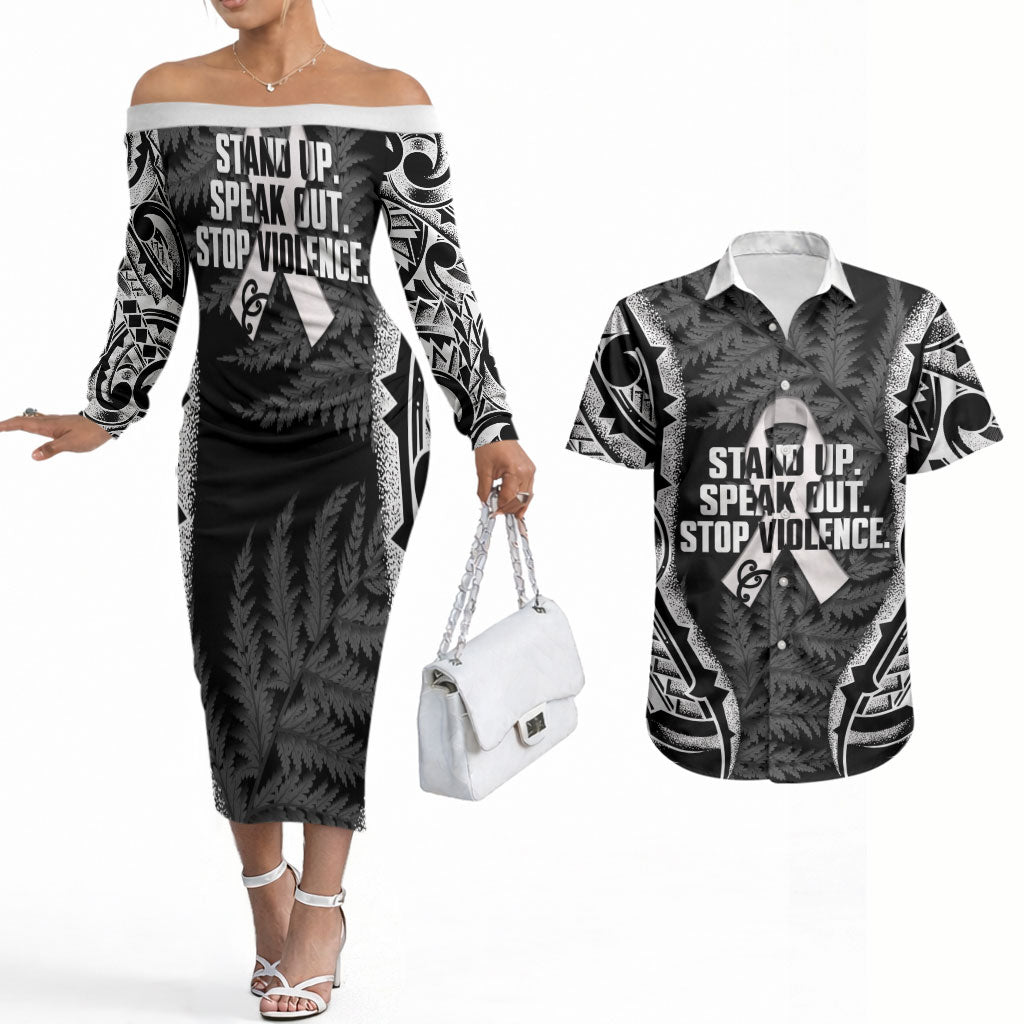 White Ribbon Day New Zealand Couples Matching Off The Shoulder Long Sleeve Dress and Hawaiian Shirt Respect Women Maori Pattern Black