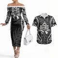White Ribbon Day New Zealand Couples Matching Off The Shoulder Long Sleeve Dress and Hawaiian Shirt Respect Women Maori Pattern Black