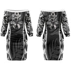 White Ribbon Day New Zealand Couples Matching Off The Shoulder Long Sleeve Dress and Hawaiian Shirt Respect Women Maori Pattern Black