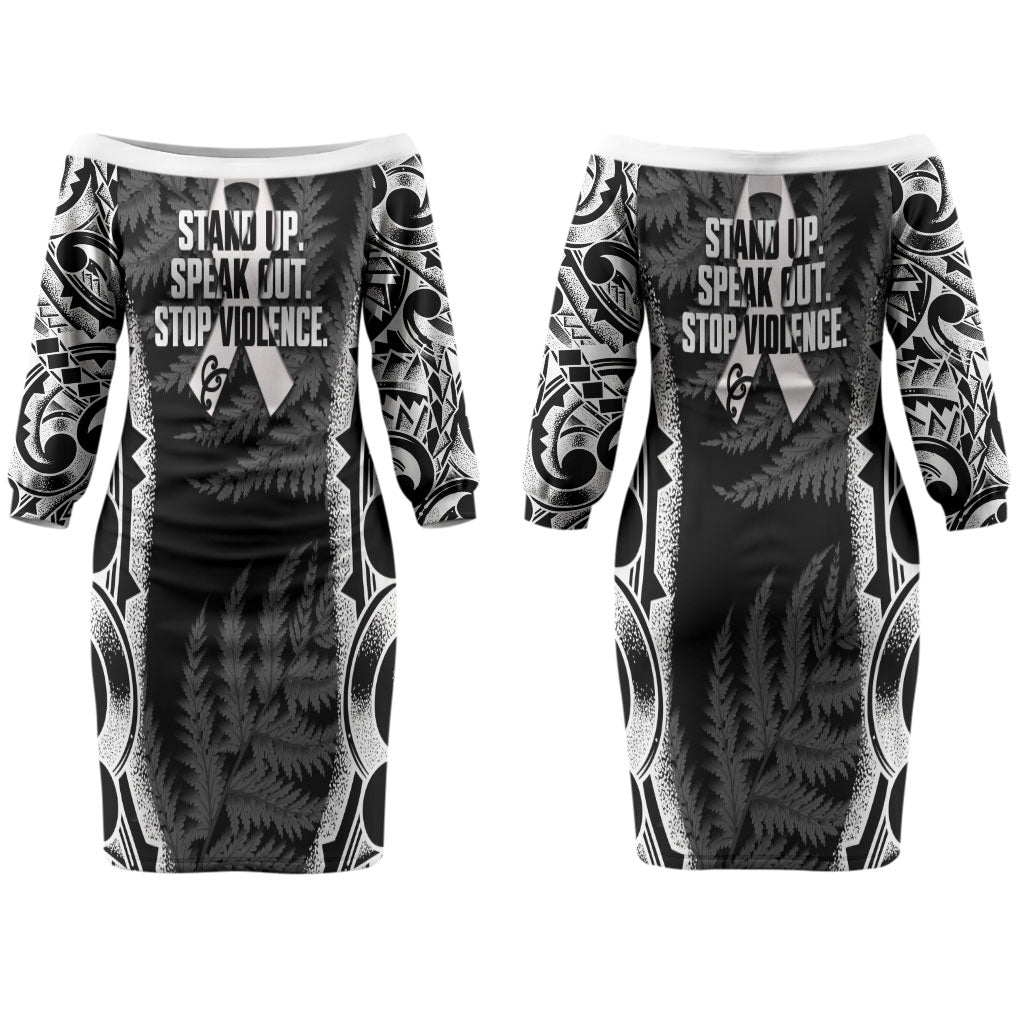 White Ribbon Day New Zealand Couples Matching Off The Shoulder Long Sleeve Dress and Hawaiian Shirt Respect Women Maori Pattern Black
