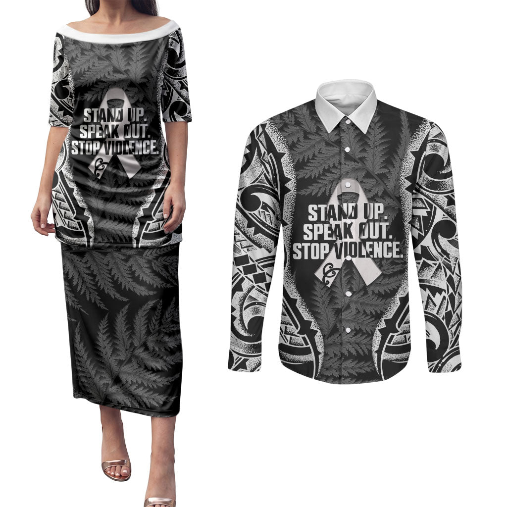 White Ribbon Day New Zealand Couples Matching Puletasi and Long Sleeve Button Shirt Respect Women Maori Pattern Black