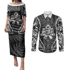 White Ribbon Day New Zealand Couples Matching Puletasi and Long Sleeve Button Shirt Respect Women Maori Pattern Black
