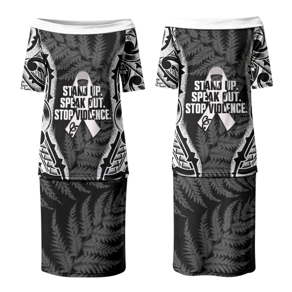 White Ribbon Day New Zealand Couples Matching Puletasi and Long Sleeve Button Shirt Respect Women Maori Pattern Black