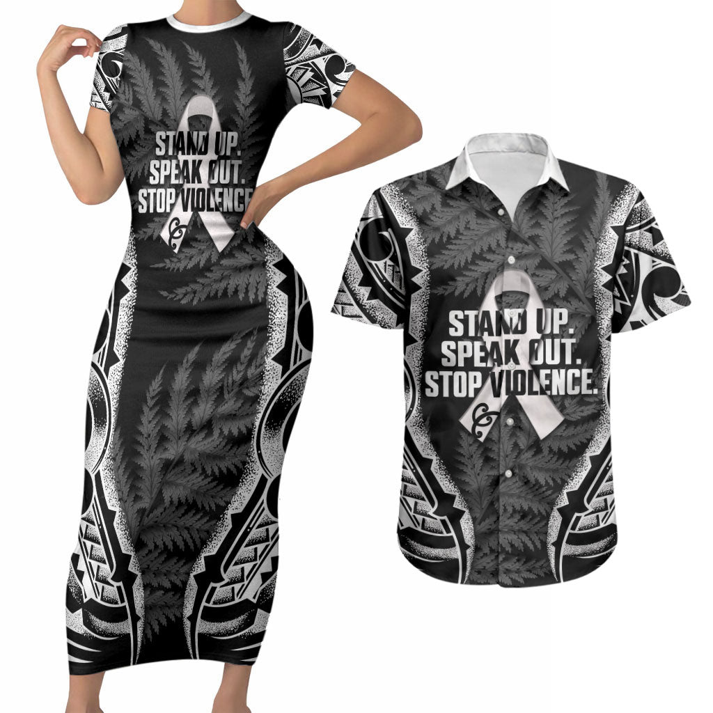 White Ribbon Day New Zealand Couples Matching Short Sleeve Bodycon Dress and Hawaiian Shirt Respect Women Maori Pattern Black