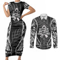 White Ribbon Day New Zealand Couples Matching Short Sleeve Bodycon Dress and Long Sleeve Button Shirt Respect Women Maori Pattern Black