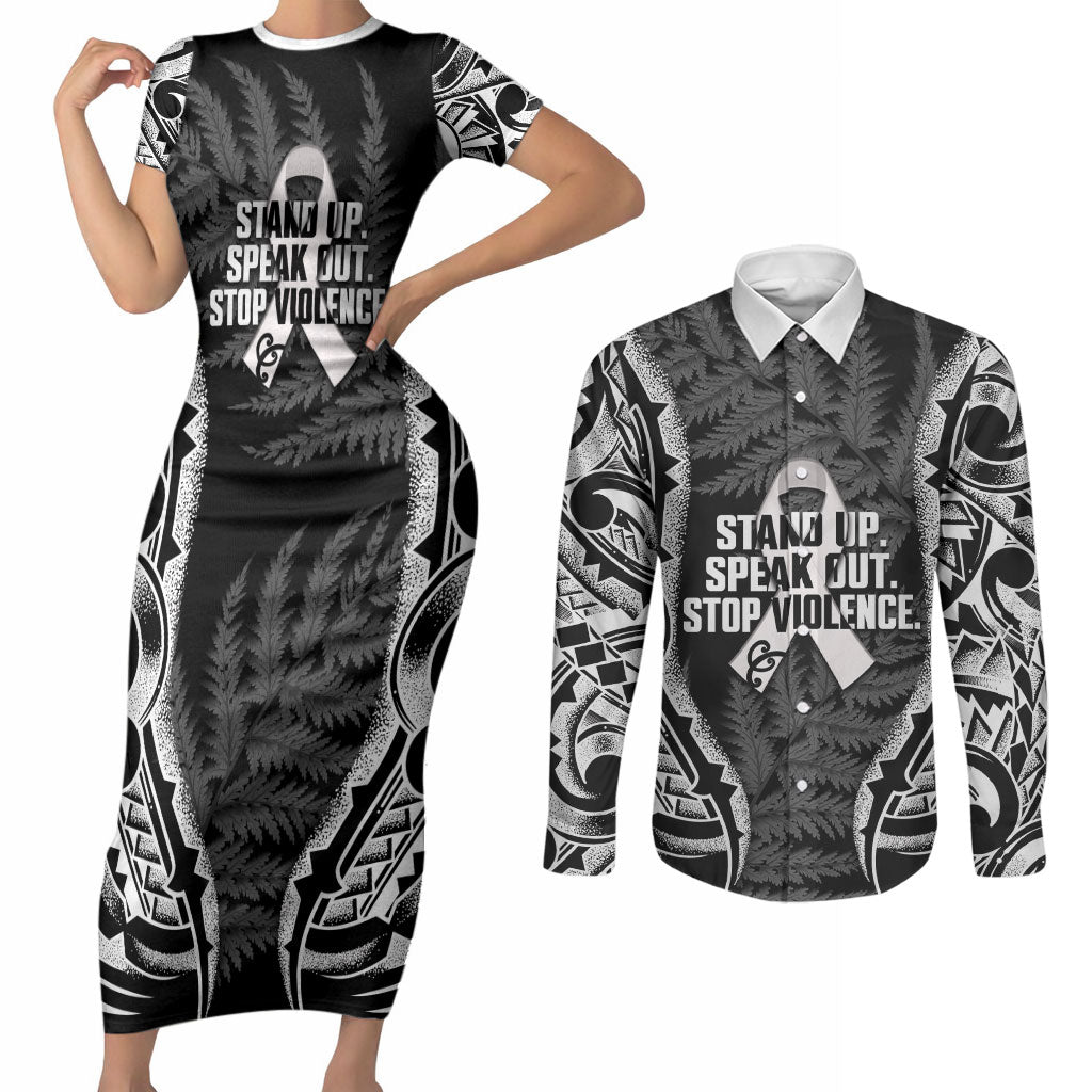 White Ribbon Day New Zealand Couples Matching Short Sleeve Bodycon Dress and Long Sleeve Button Shirt Respect Women Maori Pattern Black