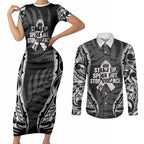 White Ribbon Day New Zealand Couples Matching Short Sleeve Bodycon Dress and Long Sleeve Button Shirt Respect Women Maori Pattern Black