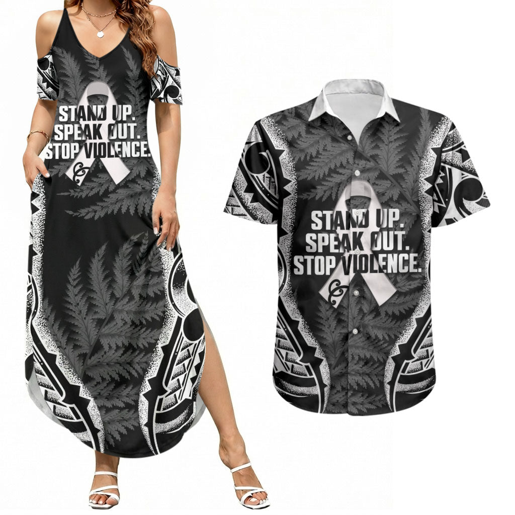 White Ribbon Day New Zealand Couples Matching Summer Maxi Dress and Hawaiian Shirt Respect Women Maori Pattern Black