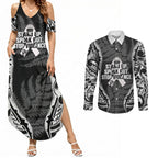 White Ribbon Day New Zealand Couples Matching Summer Maxi Dress and Long Sleeve Button Shirt Respect Women Maori Pattern Black