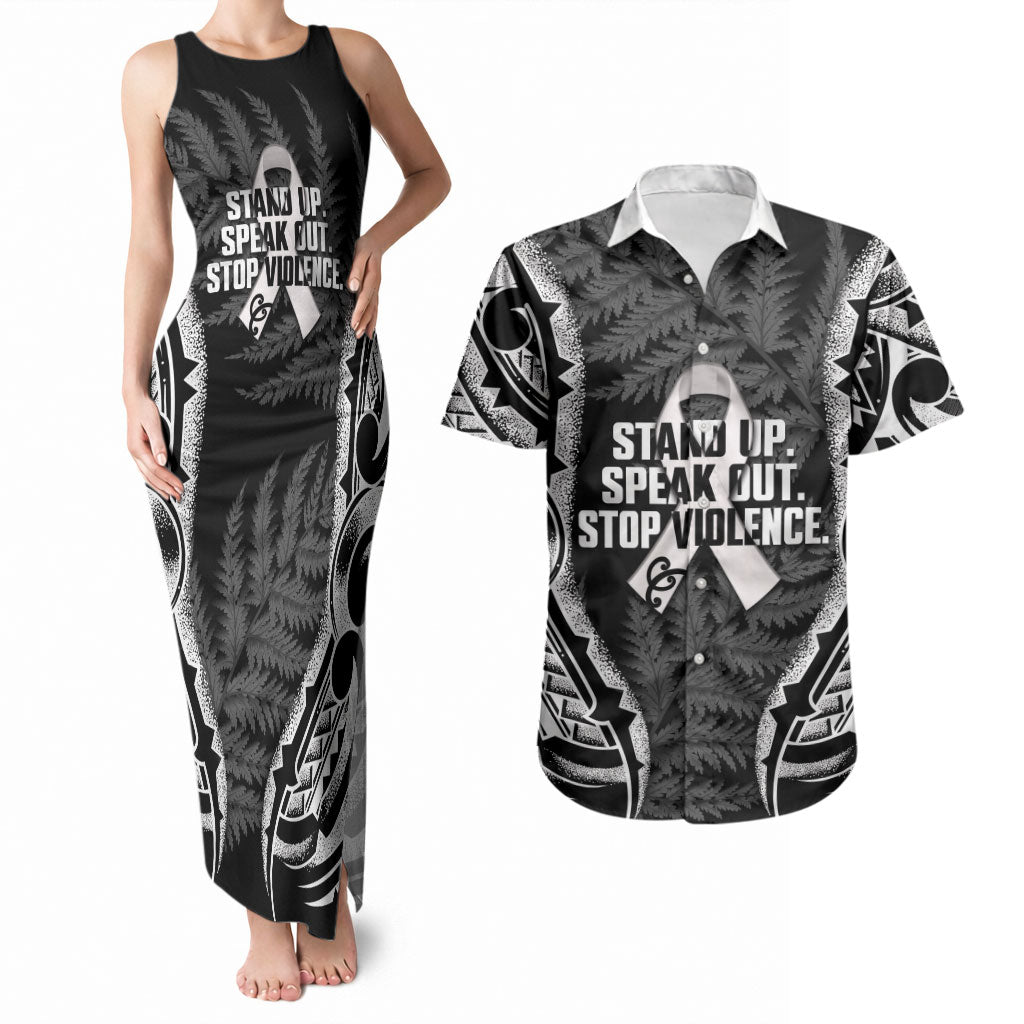 White Ribbon Day New Zealand Couples Matching Tank Maxi Dress and Hawaiian Shirt Respect Women Maori Pattern Black
