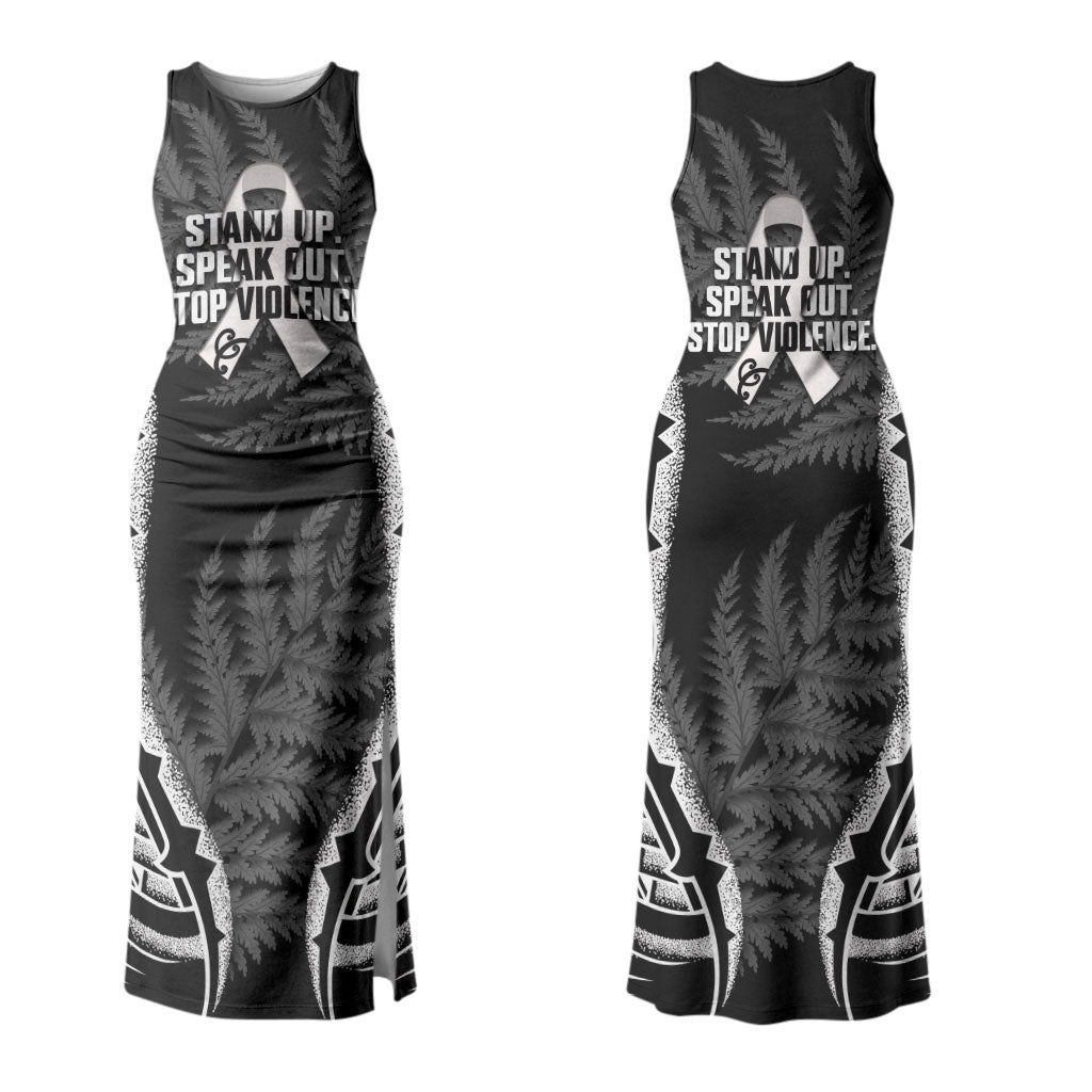 White Ribbon Day New Zealand Couples Matching Tank Maxi Dress and Hawaiian Shirt Respect Women Maori Pattern Black