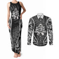 White Ribbon Day New Zealand Couples Matching Tank Maxi Dress and Long Sleeve Button Shirt Respect Women Maori Pattern Black