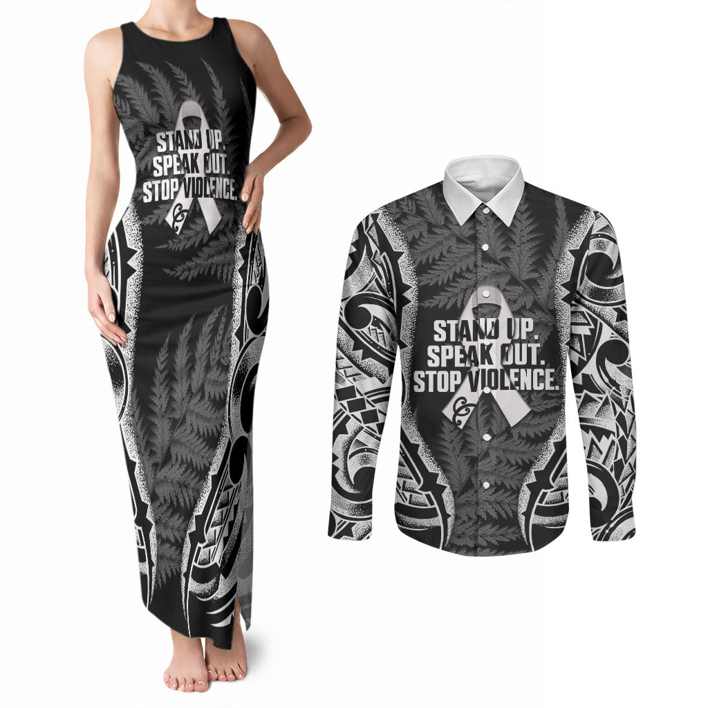 White Ribbon Day New Zealand Couples Matching Tank Maxi Dress and Long Sleeve Button Shirt Respect Women Maori Pattern Black