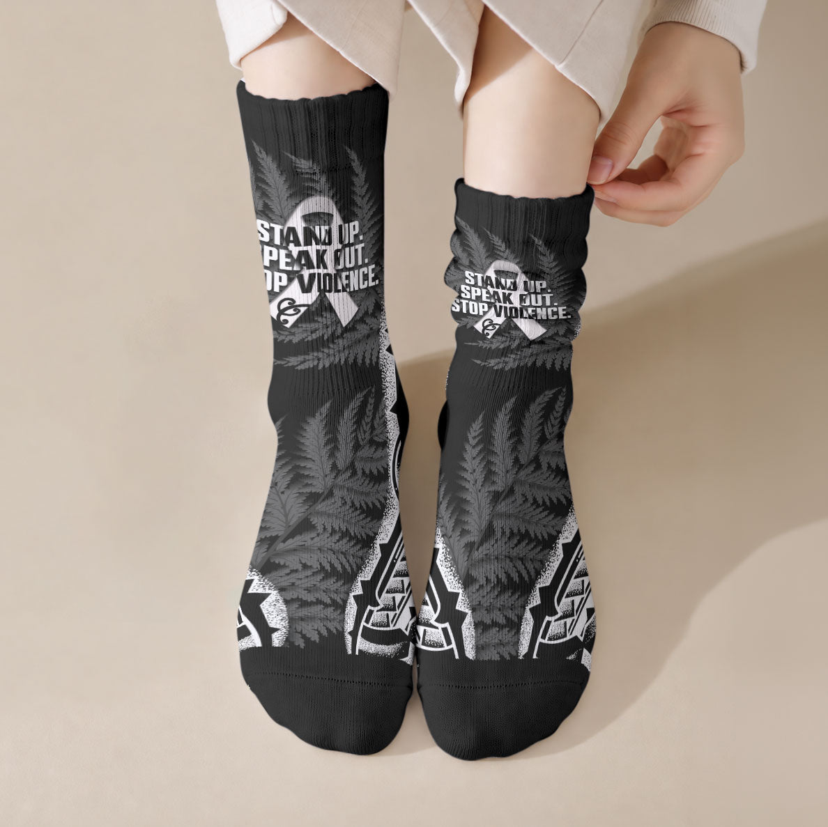 White Ribbon Day New Zealand Crew Socks Respect Women Maori Pattern Black