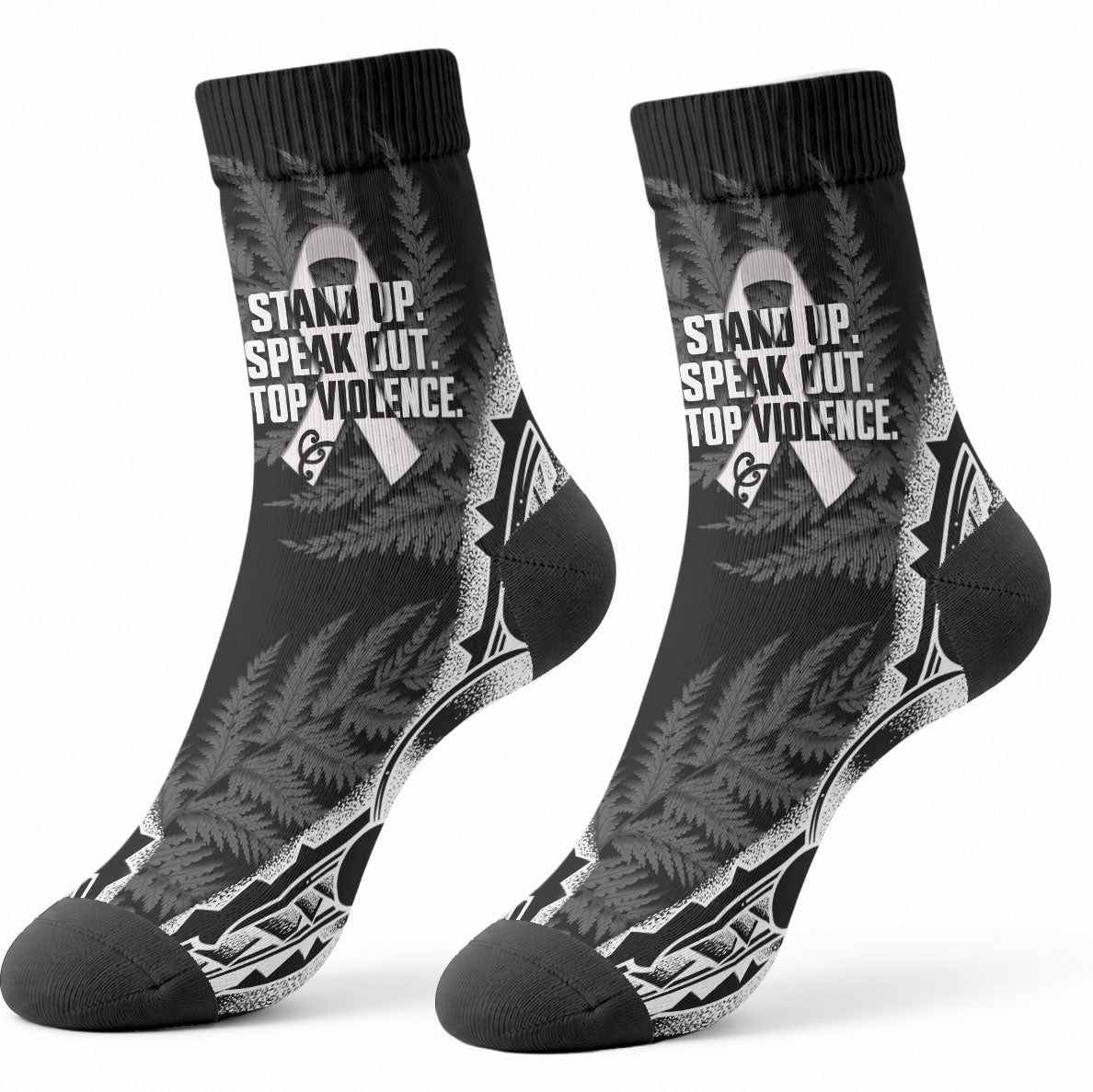 White Ribbon Day New Zealand Crew Socks Respect Women Maori Pattern Black
