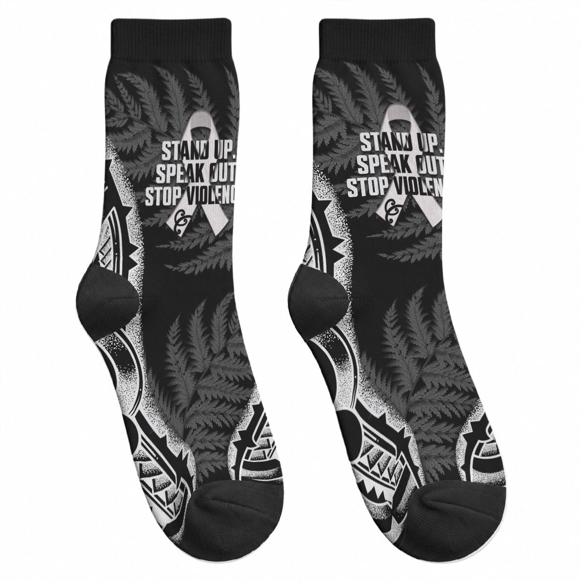 White Ribbon Day New Zealand Crew Socks Respect Women Maori Pattern Black