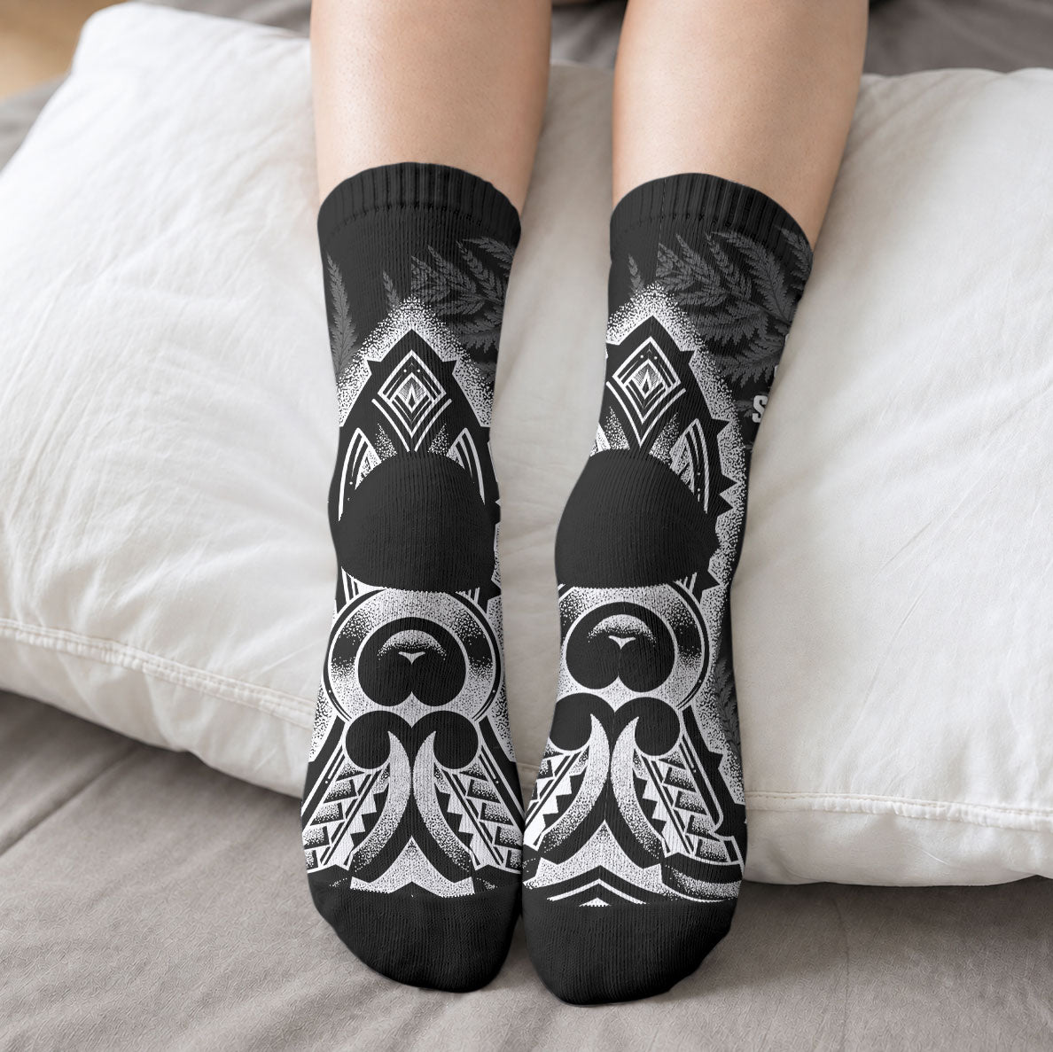 White Ribbon Day New Zealand Crew Socks Respect Women Maori Pattern Black