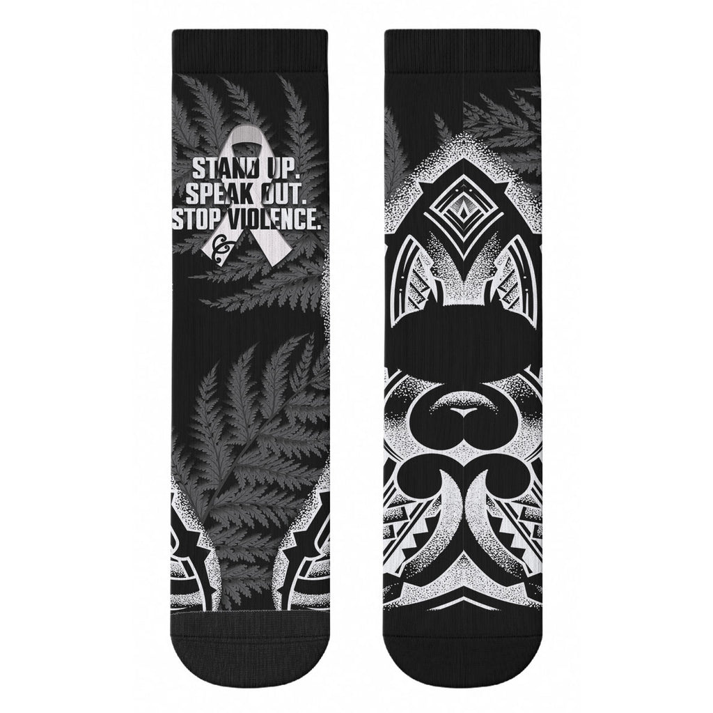 White Ribbon Day New Zealand Crew Socks Respect Women Maori Pattern Black