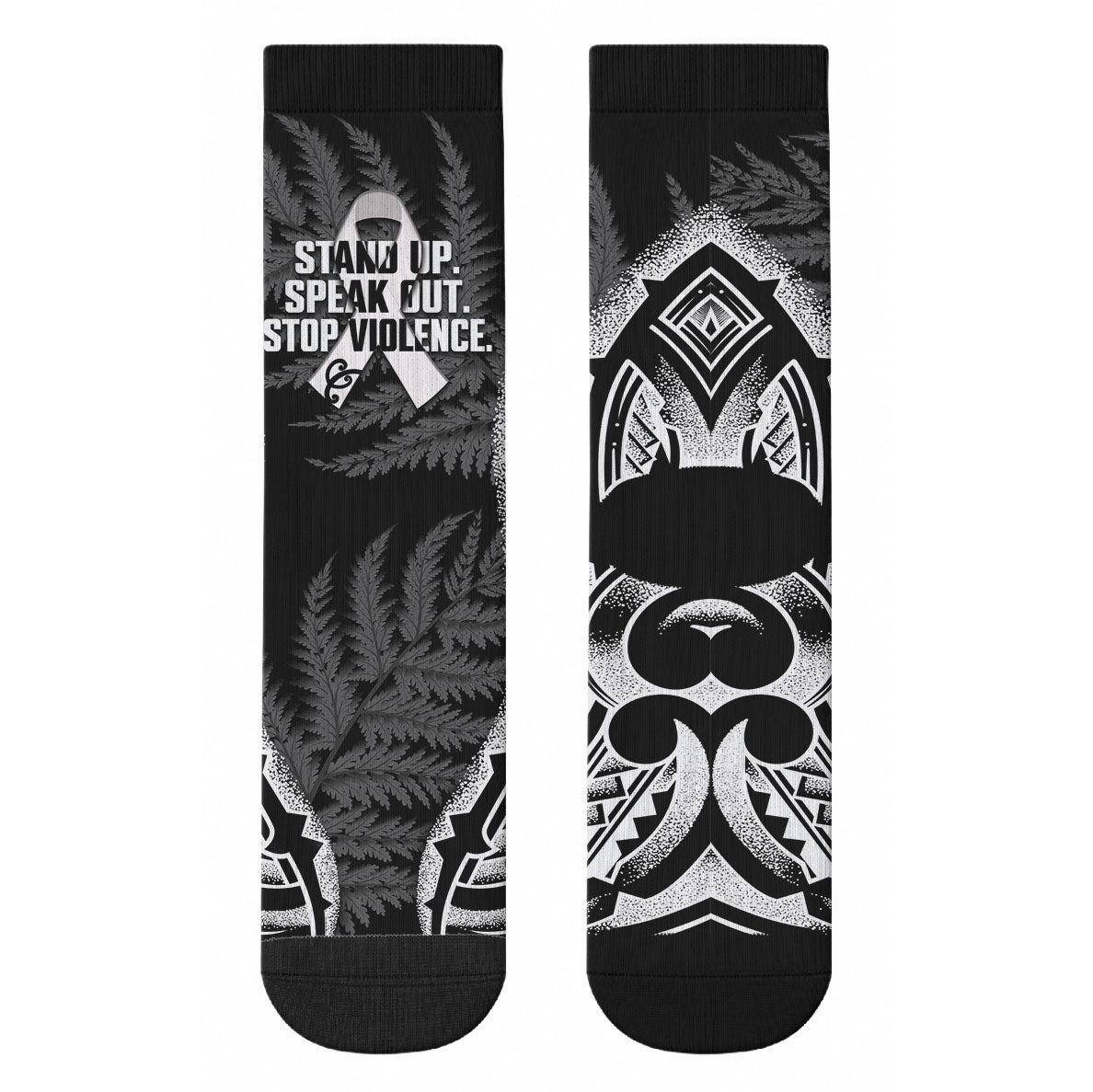White Ribbon Day New Zealand Crew Socks Respect Women Maori Pattern Black