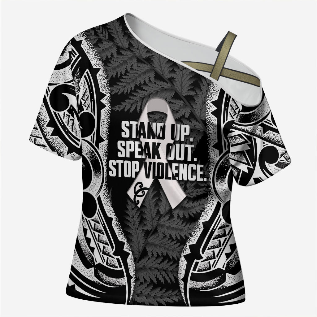 White Ribbon Day New Zealand Cross Shoulder Shirt Respect Women Maori Pattern Black