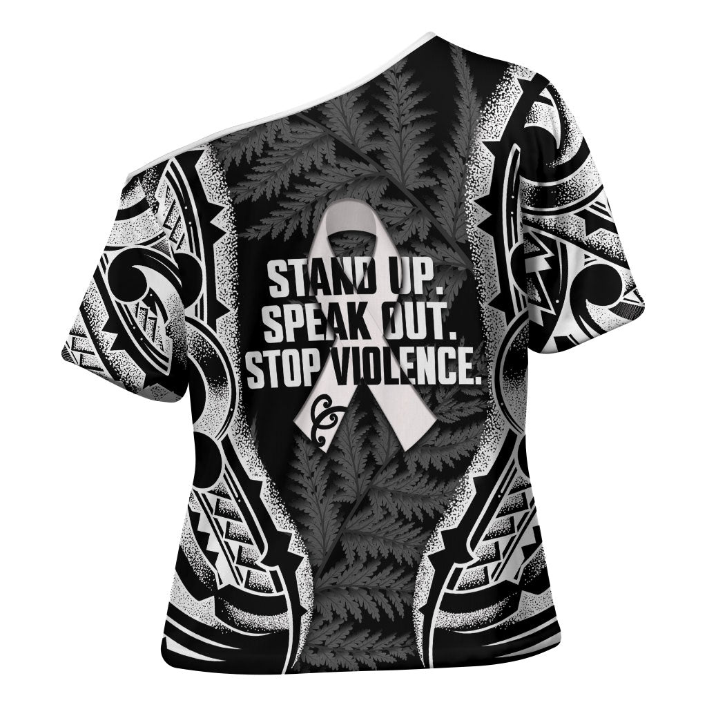 White Ribbon Day New Zealand Cross Shoulder Shirt Respect Women Maori Pattern Black