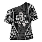 White Ribbon Day New Zealand Cross Shoulder Shirt Respect Women Maori Pattern Black