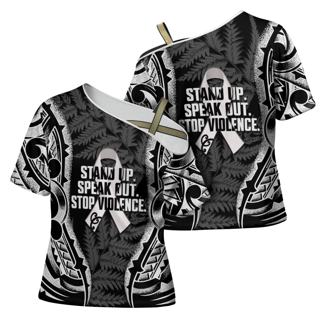 White Ribbon Day New Zealand Cross Shoulder Shirt Respect Women Maori Pattern Black