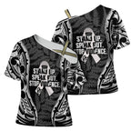 White Ribbon Day New Zealand Cross Shoulder Shirt Respect Women Maori Pattern Black