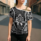 White Ribbon Day New Zealand Cross Shoulder Shirt Respect Women Maori Pattern Black