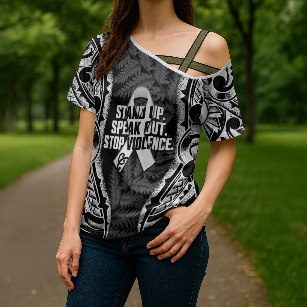 White Ribbon Day New Zealand Cross Shoulder Shirt Respect Women Maori Pattern Black