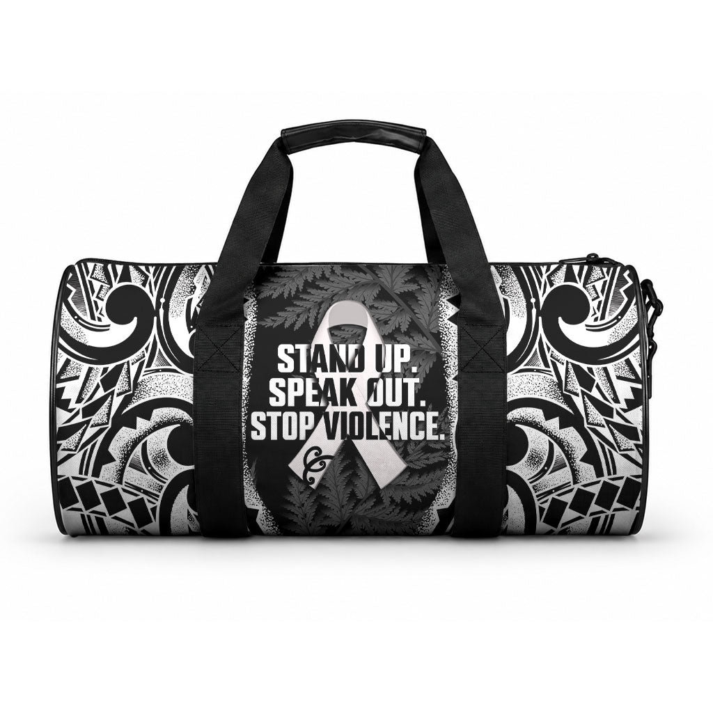 White Ribbon Day New Zealand Duffle Bag Respect Women Maori Pattern Black