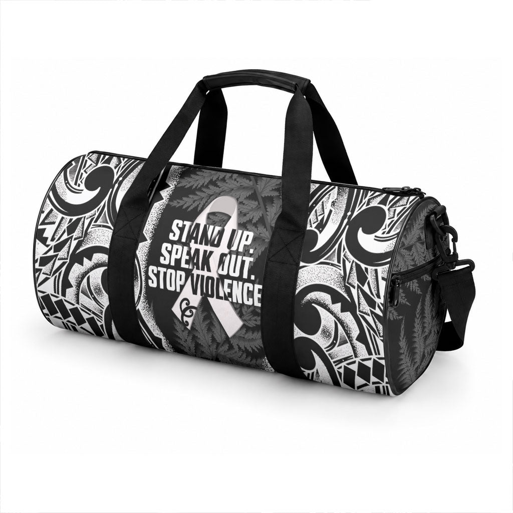 White Ribbon Day New Zealand Duffle Bag Respect Women Maori Pattern Black