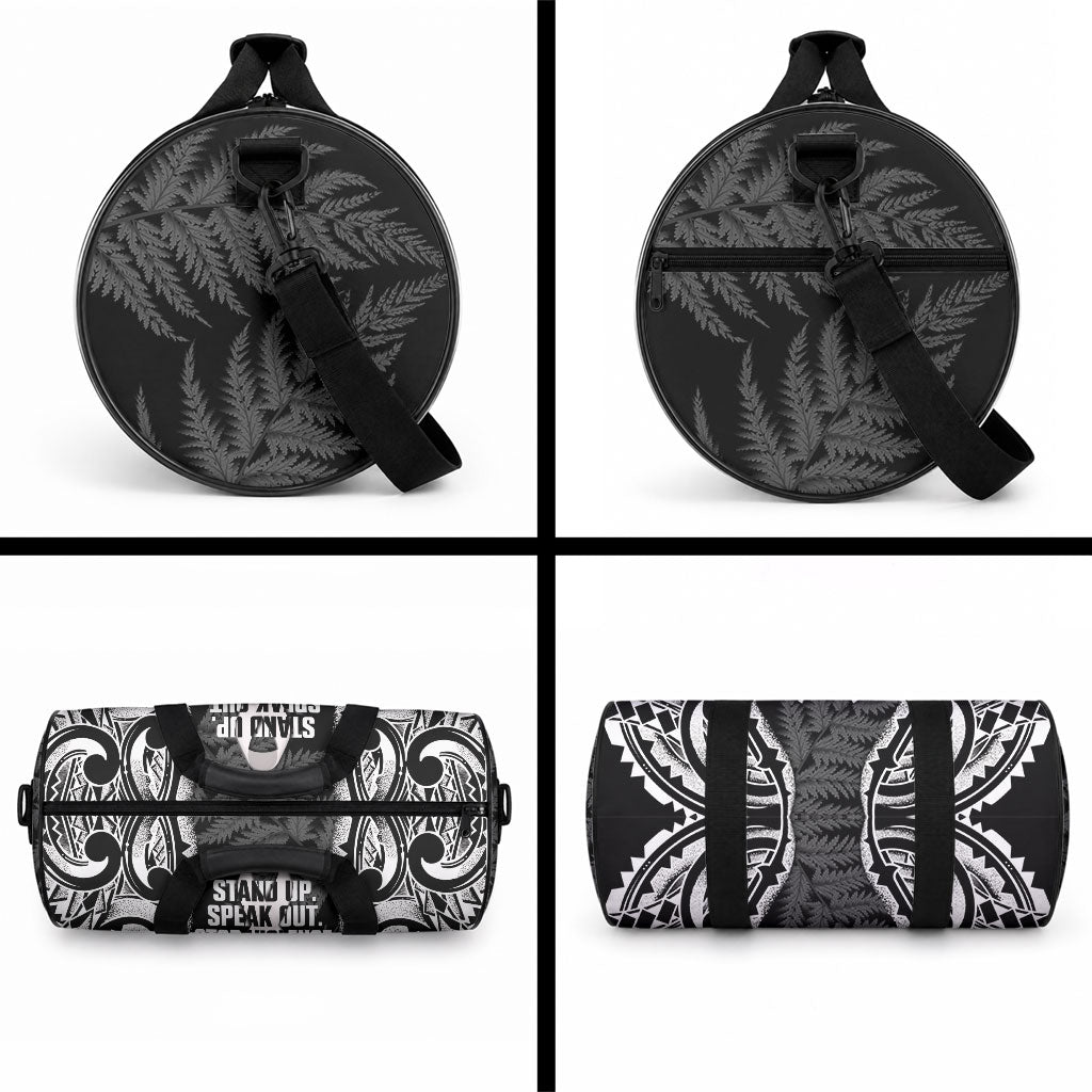 White Ribbon Day New Zealand Duffle Bag Respect Women Maori Pattern Black