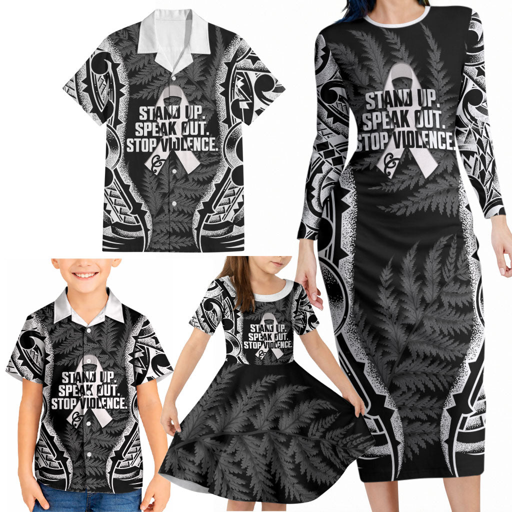 White Ribbon Day New Zealand Family Matching Long Sleeve Bodycon Dress and Hawaiian Shirt Respect Women Maori Pattern Black