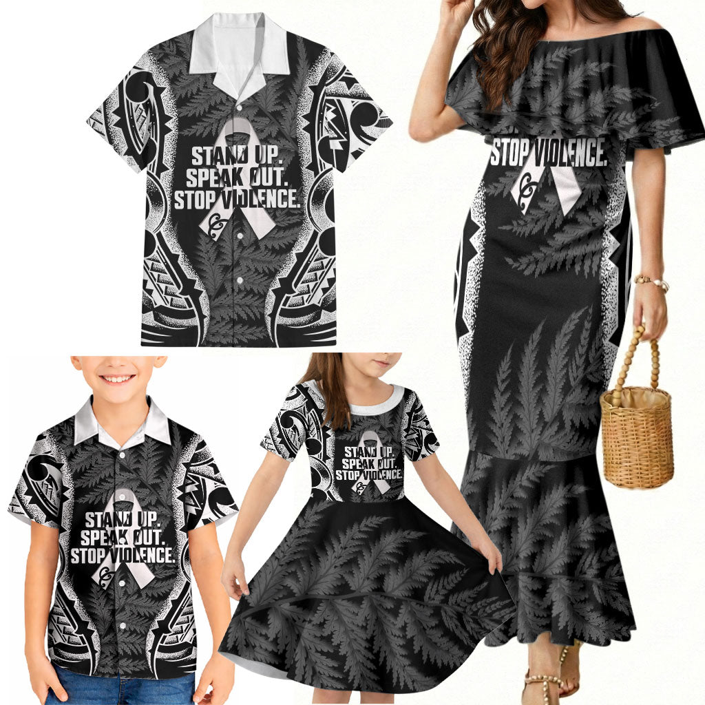 White Ribbon Day New Zealand Family Matching Mermaid Dress and Hawaiian Shirt Respect Women Maori Pattern Black