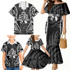 White Ribbon Day New Zealand Family Matching Mermaid Dress and Hawaiian Shirt Respect Women Maori Pattern Black