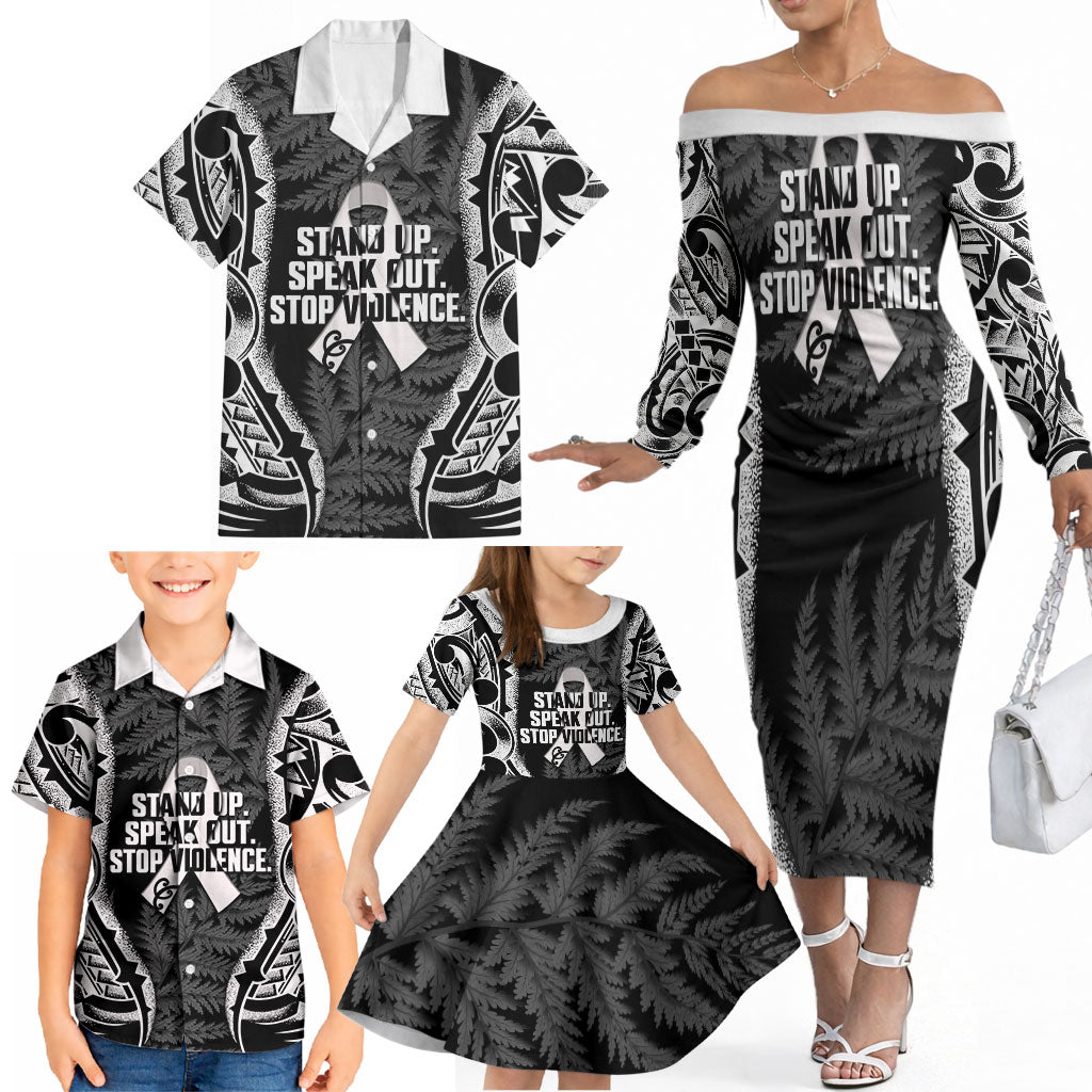 White Ribbon Day New Zealand Family Matching Off The Shoulder Long Sleeve Dress and Hawaiian Shirt Respect Women Maori Pattern Black