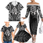 White Ribbon Day New Zealand Family Matching Off The Shoulder Long Sleeve Dress and Hawaiian Shirt Respect Women Maori Pattern Black
