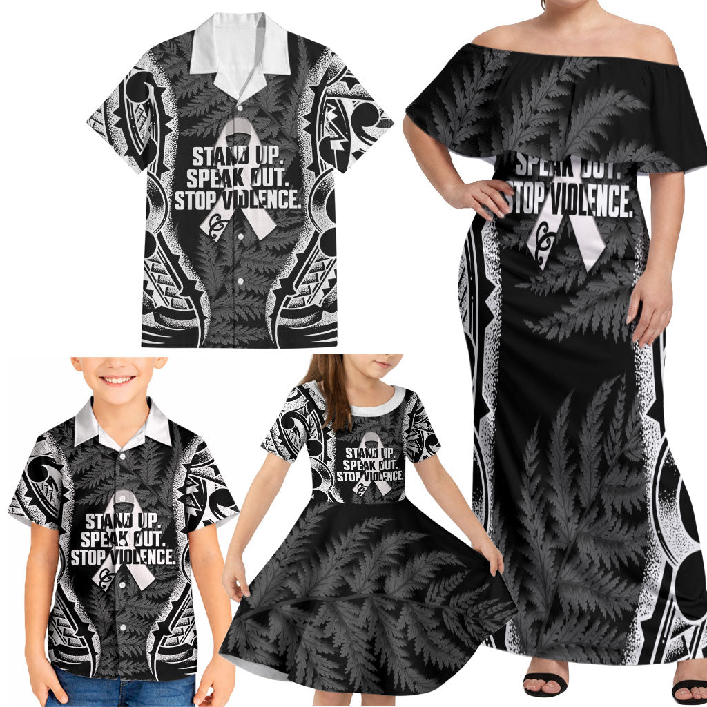 White Ribbon Day New Zealand Family Matching Off Shoulder Maxi Dress and Hawaiian Shirt Respect Women Maori Pattern Black