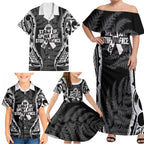 White Ribbon Day New Zealand Family Matching Off Shoulder Maxi Dress and Hawaiian Shirt Respect Women Maori Pattern Black