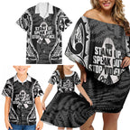 White Ribbon Day New Zealand Family Matching Off Shoulder Short Dress and Hawaiian Shirt Respect Women Maori Pattern Black