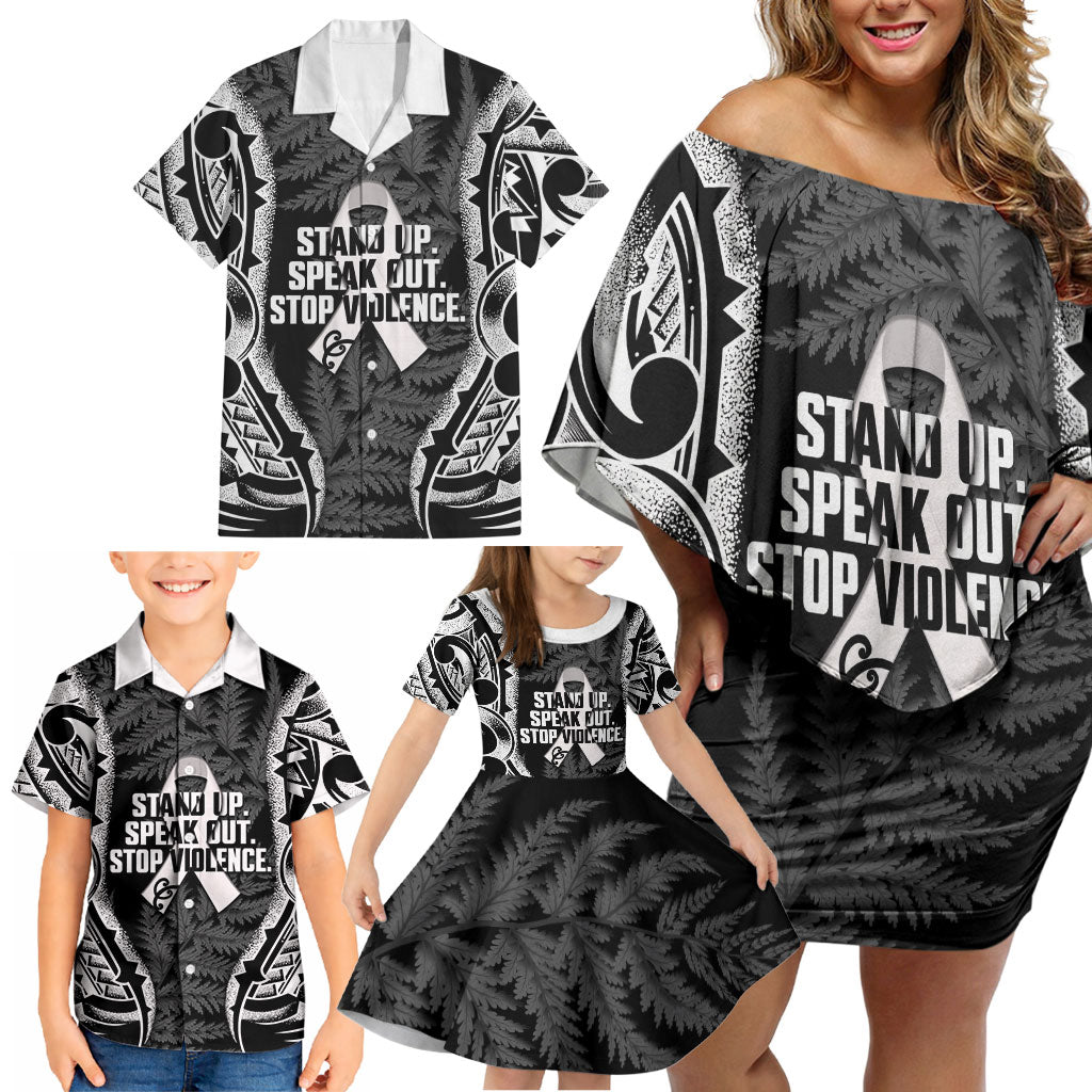 White Ribbon Day New Zealand Family Matching Off Shoulder Short Dress and Hawaiian Shirt Respect Women Maori Pattern Black
