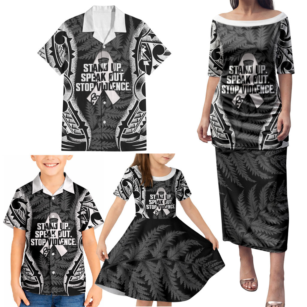 White Ribbon Day New Zealand Family Matching Puletasi and Hawaiian Shirt Respect Women Maori Pattern Black