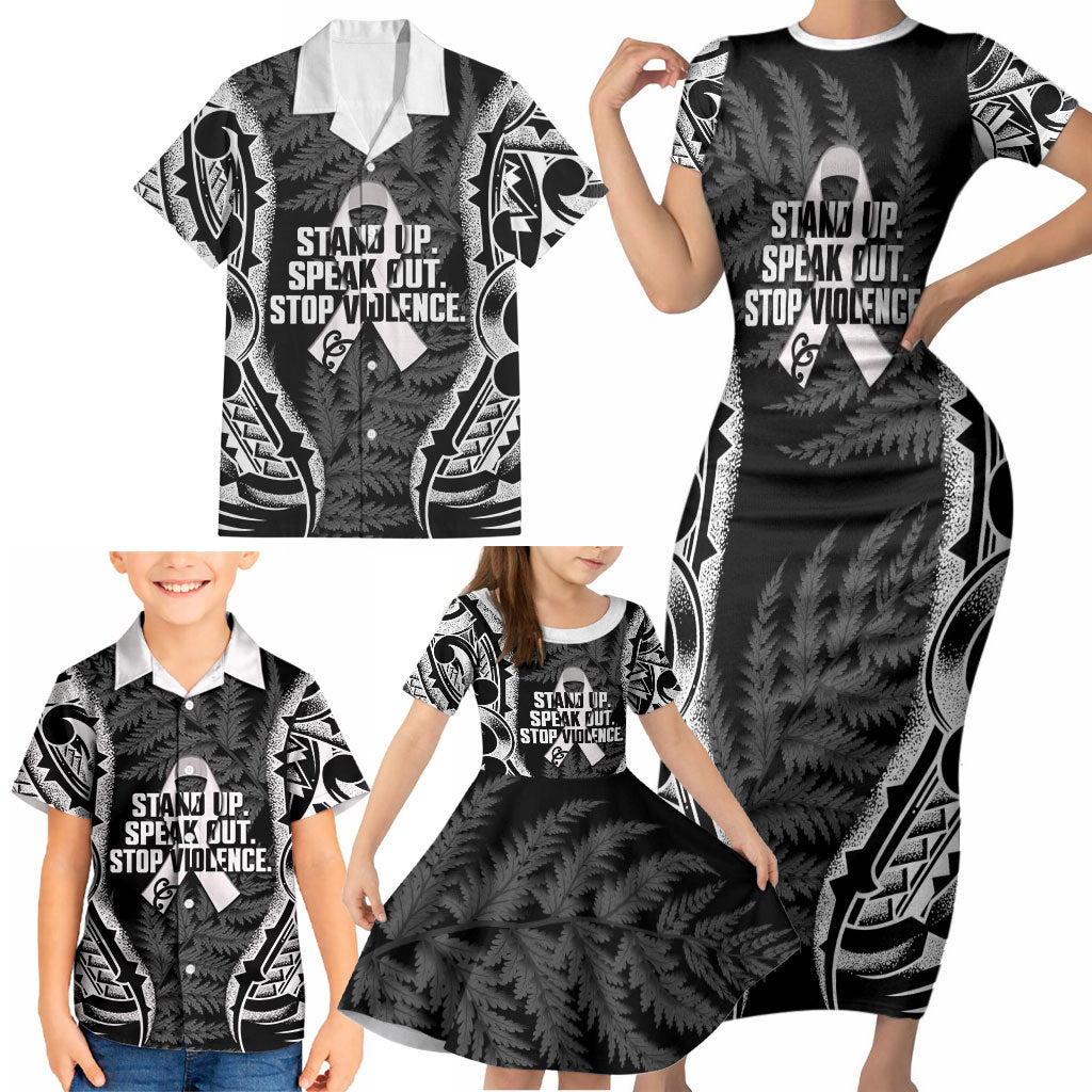 White Ribbon Day New Zealand Family Matching Short Sleeve Bodycon Dress and Hawaiian Shirt Respect Women Maori Pattern Black
