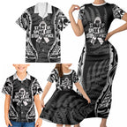 White Ribbon Day New Zealand Family Matching Short Sleeve Bodycon Dress and Hawaiian Shirt Respect Women Maori Pattern Black