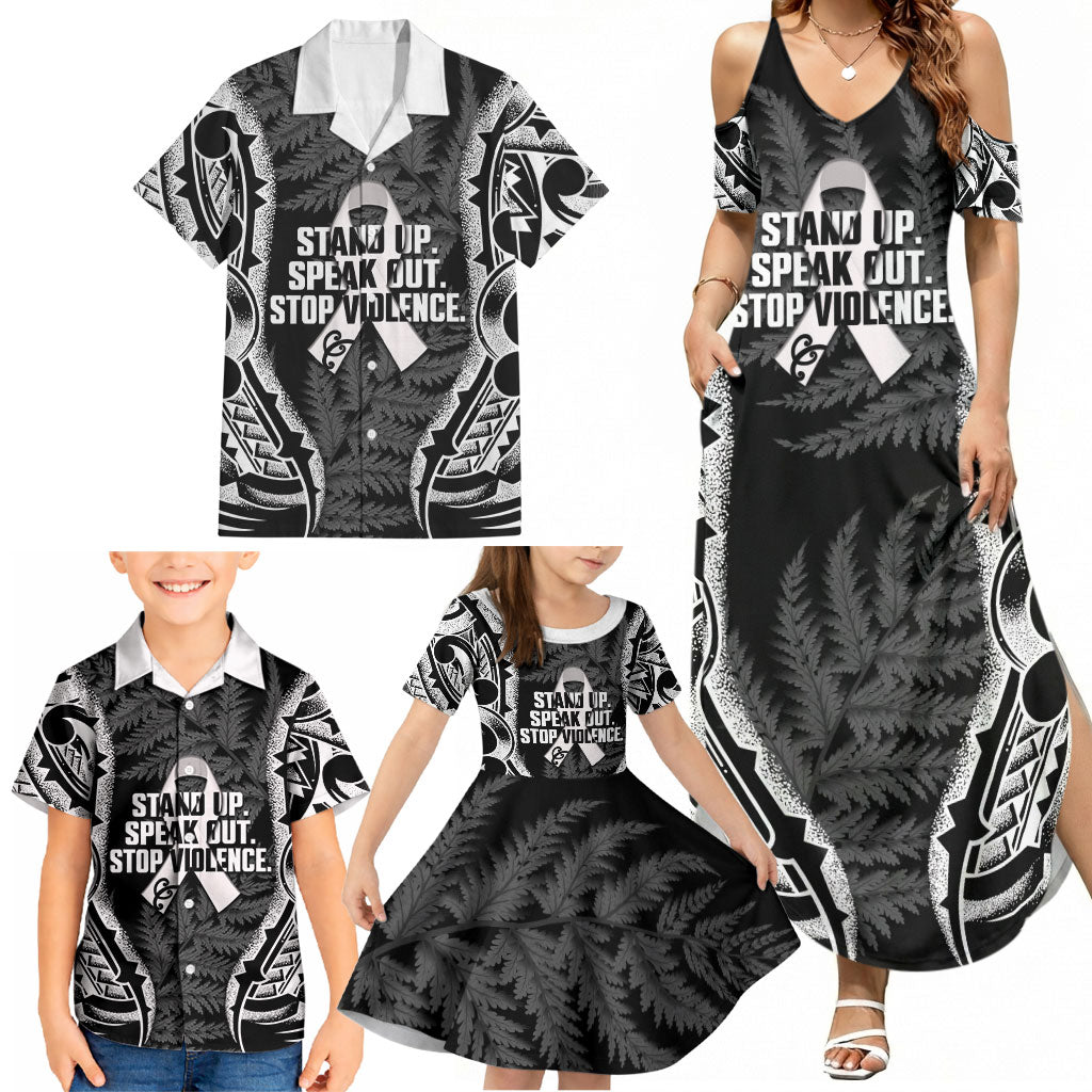 White Ribbon Day New Zealand Family Matching Summer Maxi Dress and Hawaiian Shirt Respect Women Maori Pattern Black