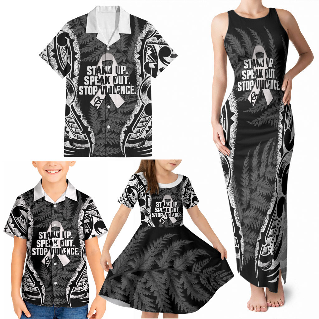 White Ribbon Day New Zealand Family Matching Tank Maxi Dress and Hawaiian Shirt Respect Women Maori Pattern Black