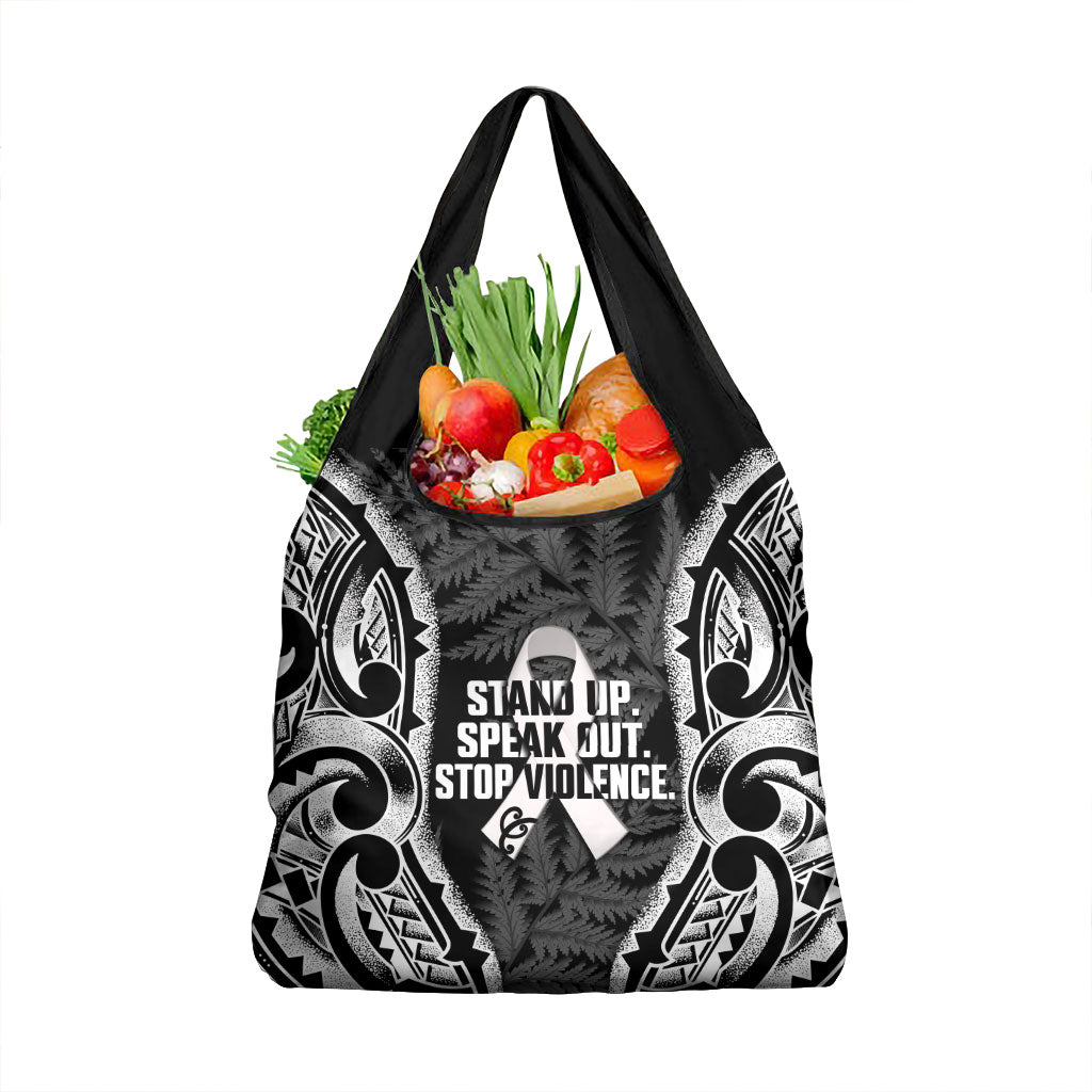 White Ribbon Day New Zealand Grocery Bag Respect Women Maori Pattern Black